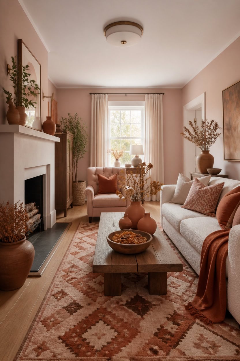 Elegant living room with pink and beige tones, cozy sofas, and decorative vases.