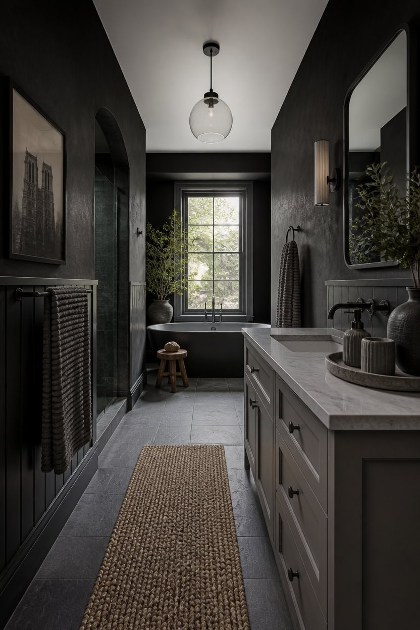 Stylish bathroom with dark walls, large mirror, and natural light from window.