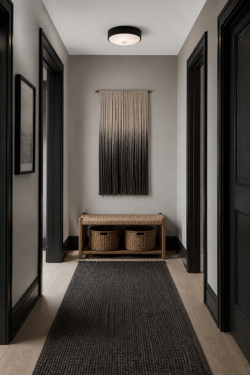 Stylish apartment hallway with wall art, black door frames, and a woven bench.