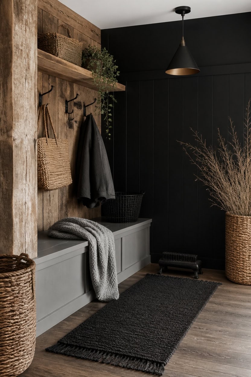 Modern rustic entryway with wooden accents, black wall, and woven baskets.