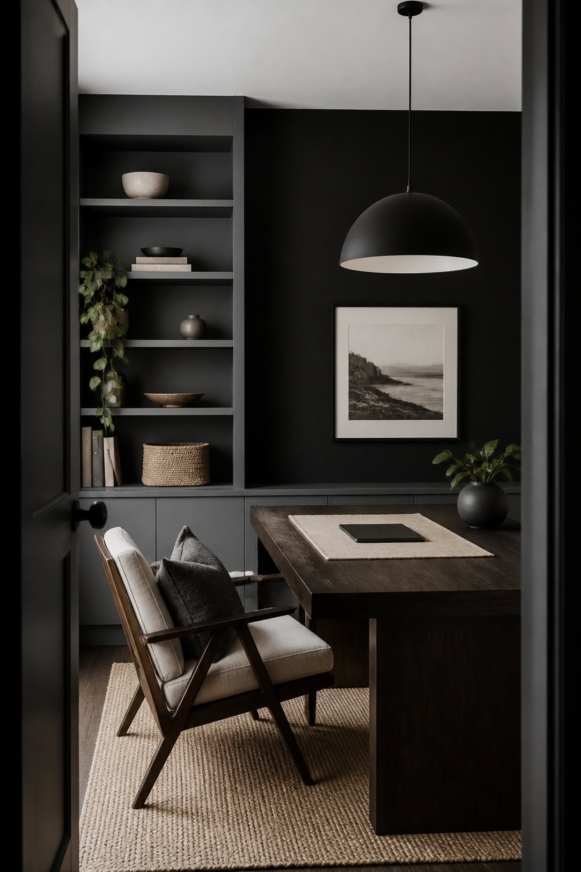 Elegant dining room with black accent wall, wooden table, and modern decor.