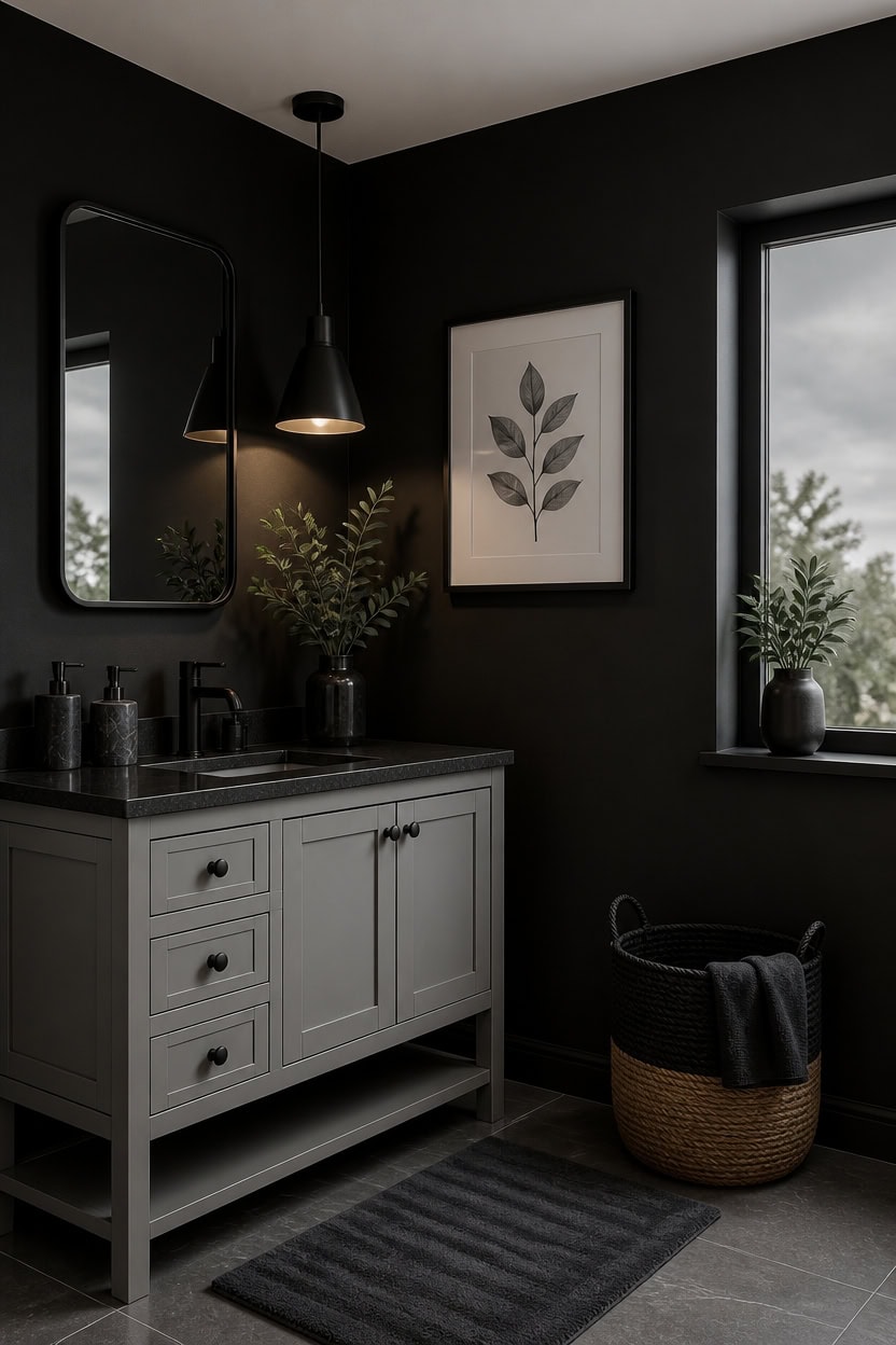 Contemporary bathroom with black walls, gray vanity, and natural decor accents.