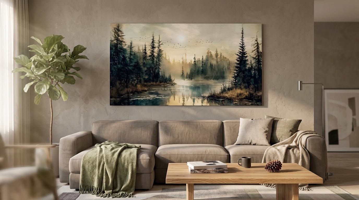 Modern living room with a large nature landscape painting and comfortable sofa.