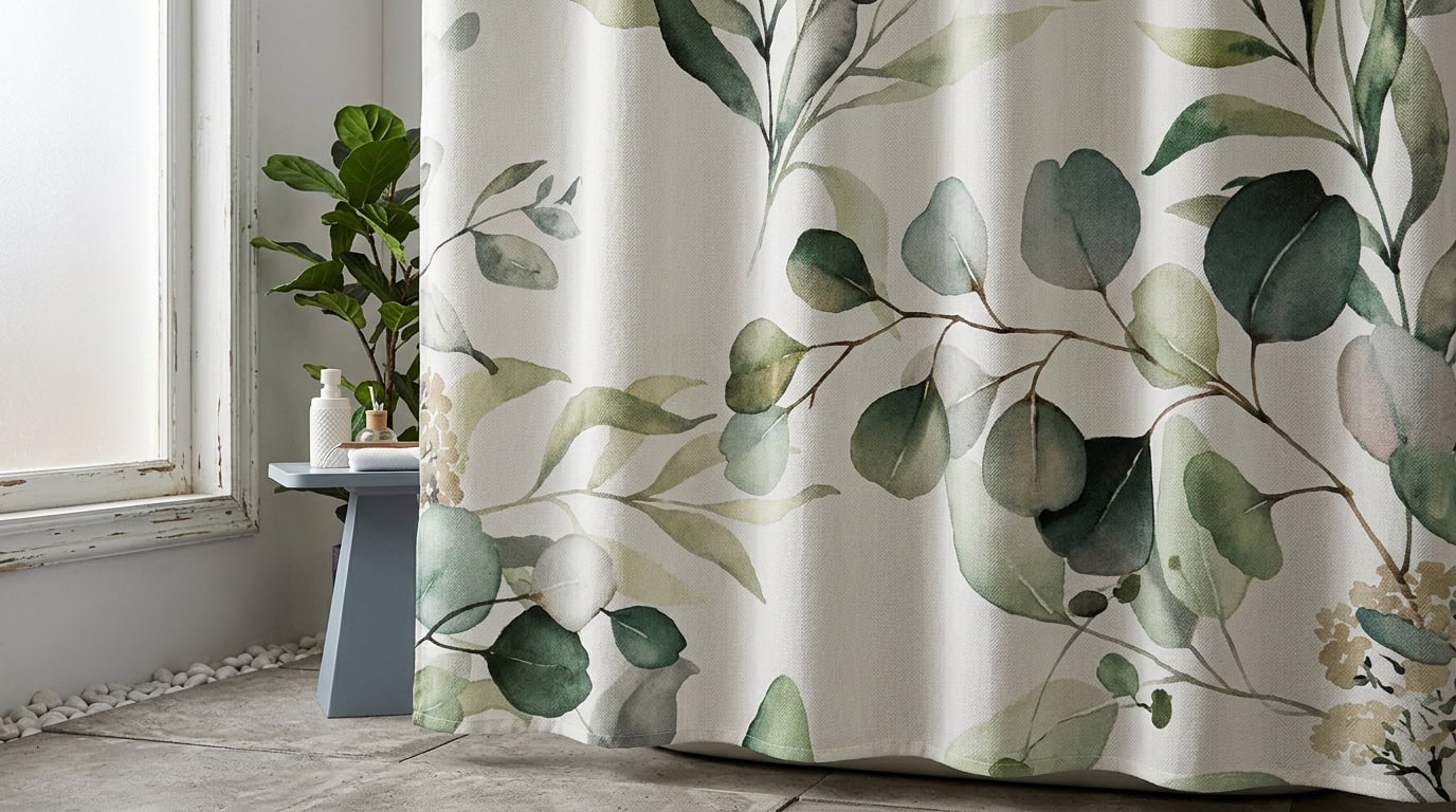 Living room with botanical patterned curtain and potted plant.