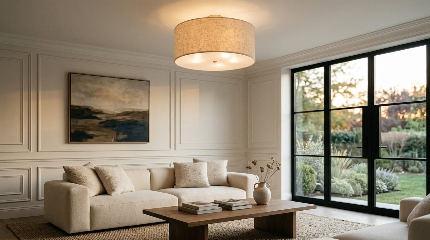Bright living room with beige sofa and large window overlooking garden.