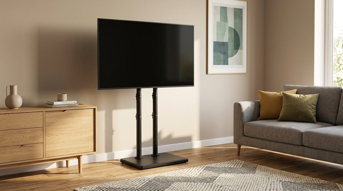 Living room with flat screen TV, sofa, and artwork in a bright apartment.
