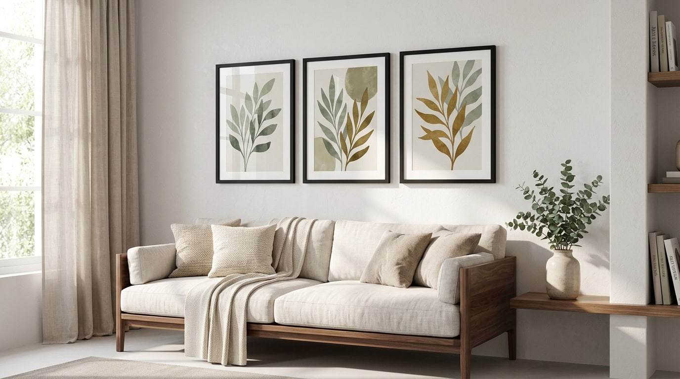 Elegant living room with neutral tones, botanical wall art, and cozy sofa.