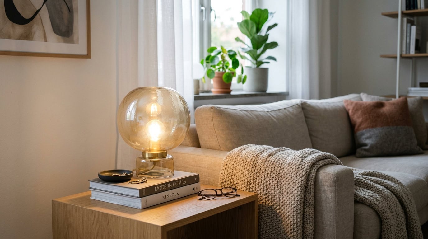 Bright living room with beige sofa, throw blanket, and potted plant by window.