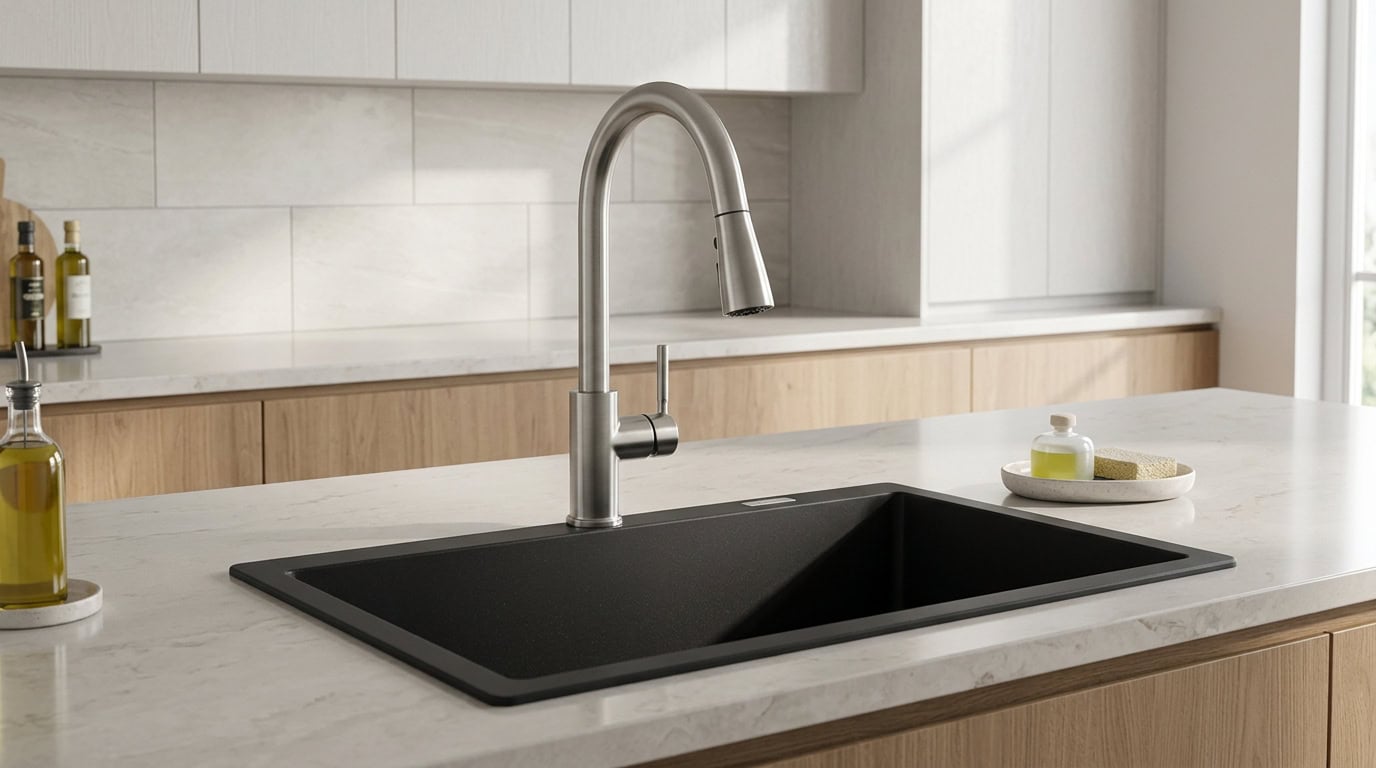 Sleek black kitchen sink with modern faucet in apartment kitchen.