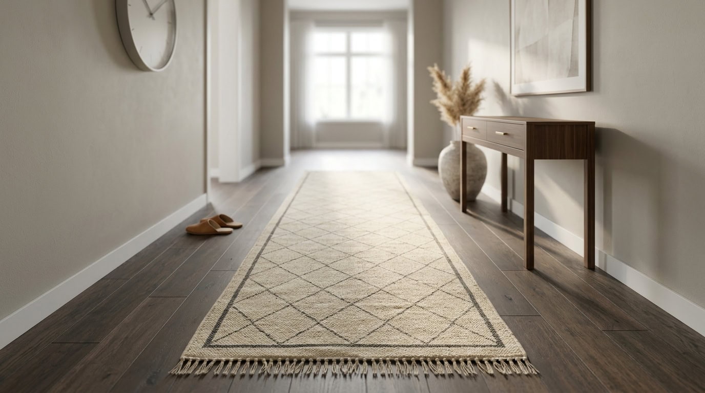 Bright and welcoming apartment entryway with a rug and decor.