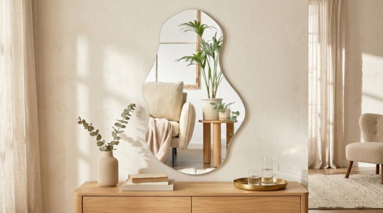 Decorative mirror above wooden console with plants and accessories in living room.