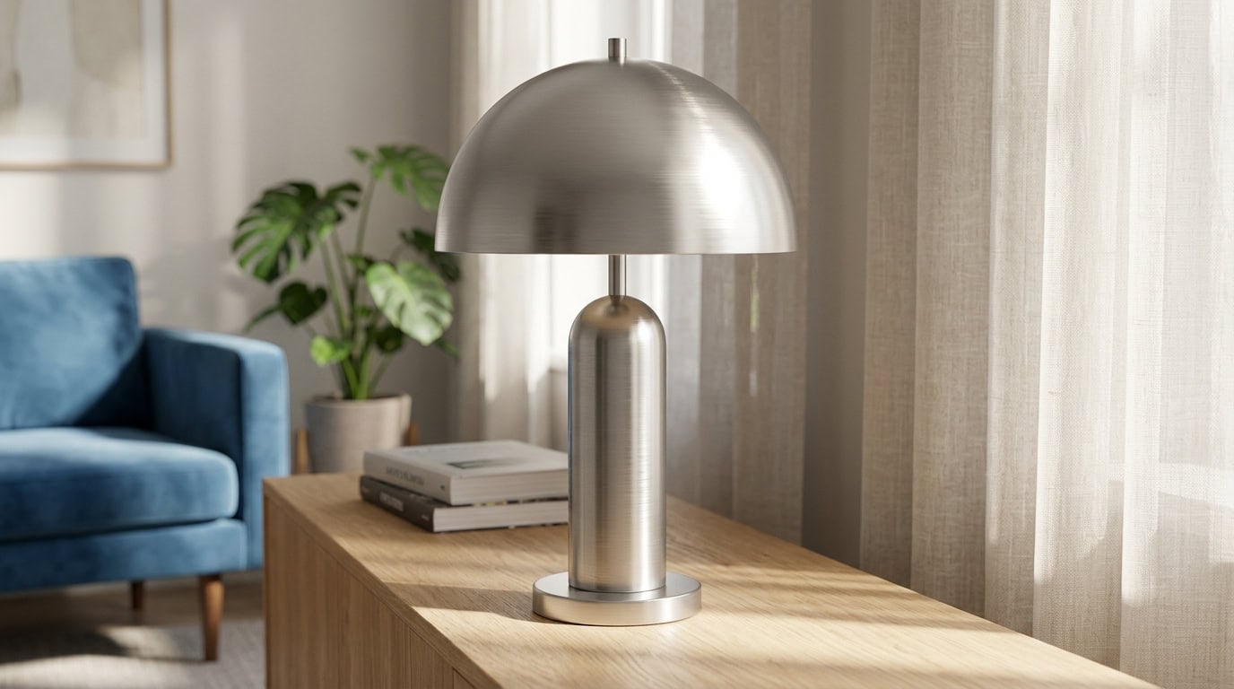 Contemporary silver table lamp on wooden side table in cozy living room.