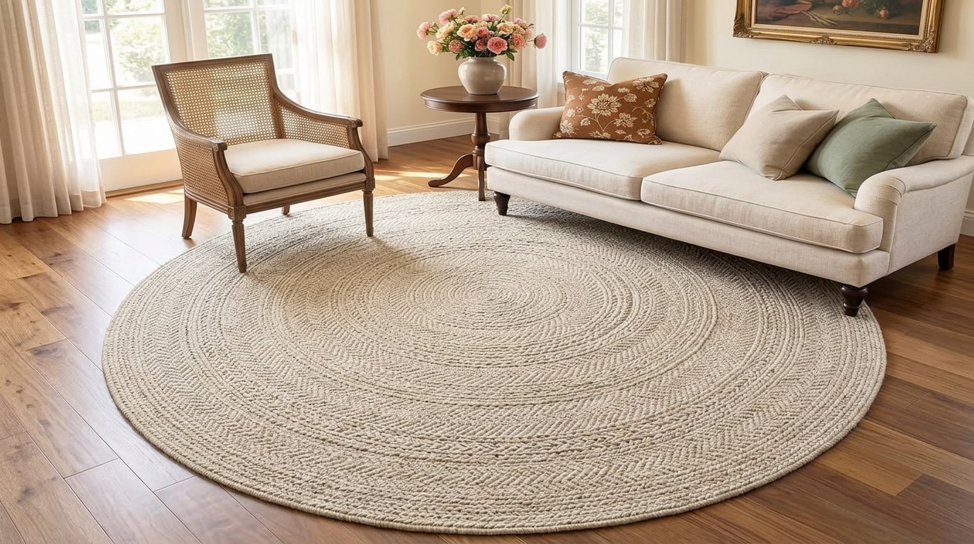 Bright living room with cream sofa, armchair, and round rug.