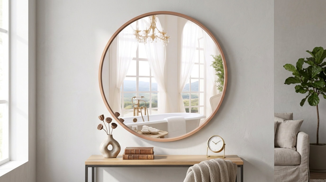 Large round mirror reflecting bright living room with white curtains and view.