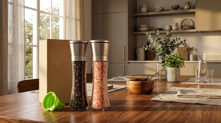 Contemporary kitchen scene with salt and pepper shakers on wooden table.