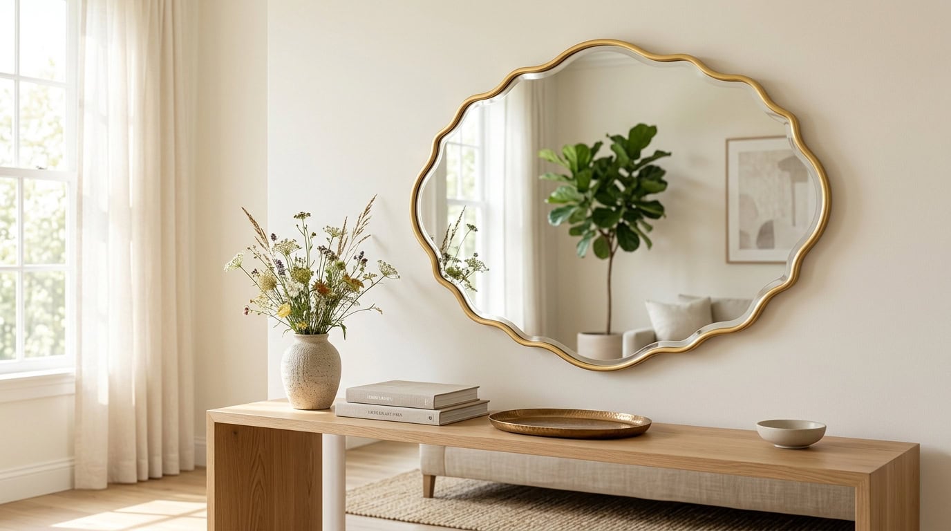 Stylish living room decor with a decorative mirror, potted plant, and minimalist furniture.