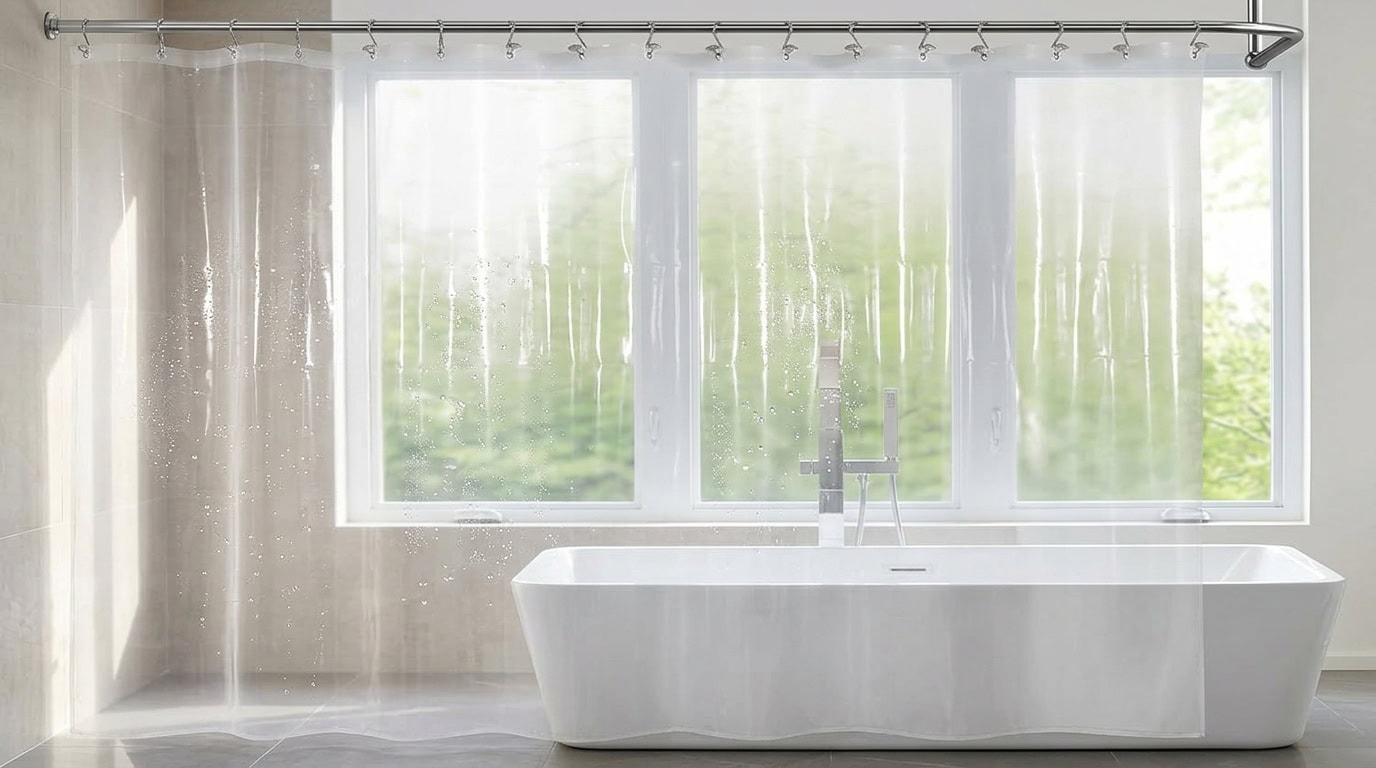 Bright modern bathroom with large window and freestanding bathtub.