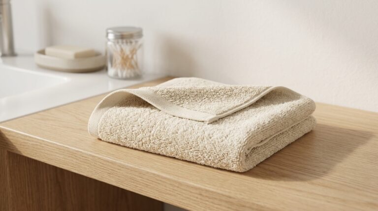 Fresh, folded towels on a wooden bathroom counter for a cozy home feel.
