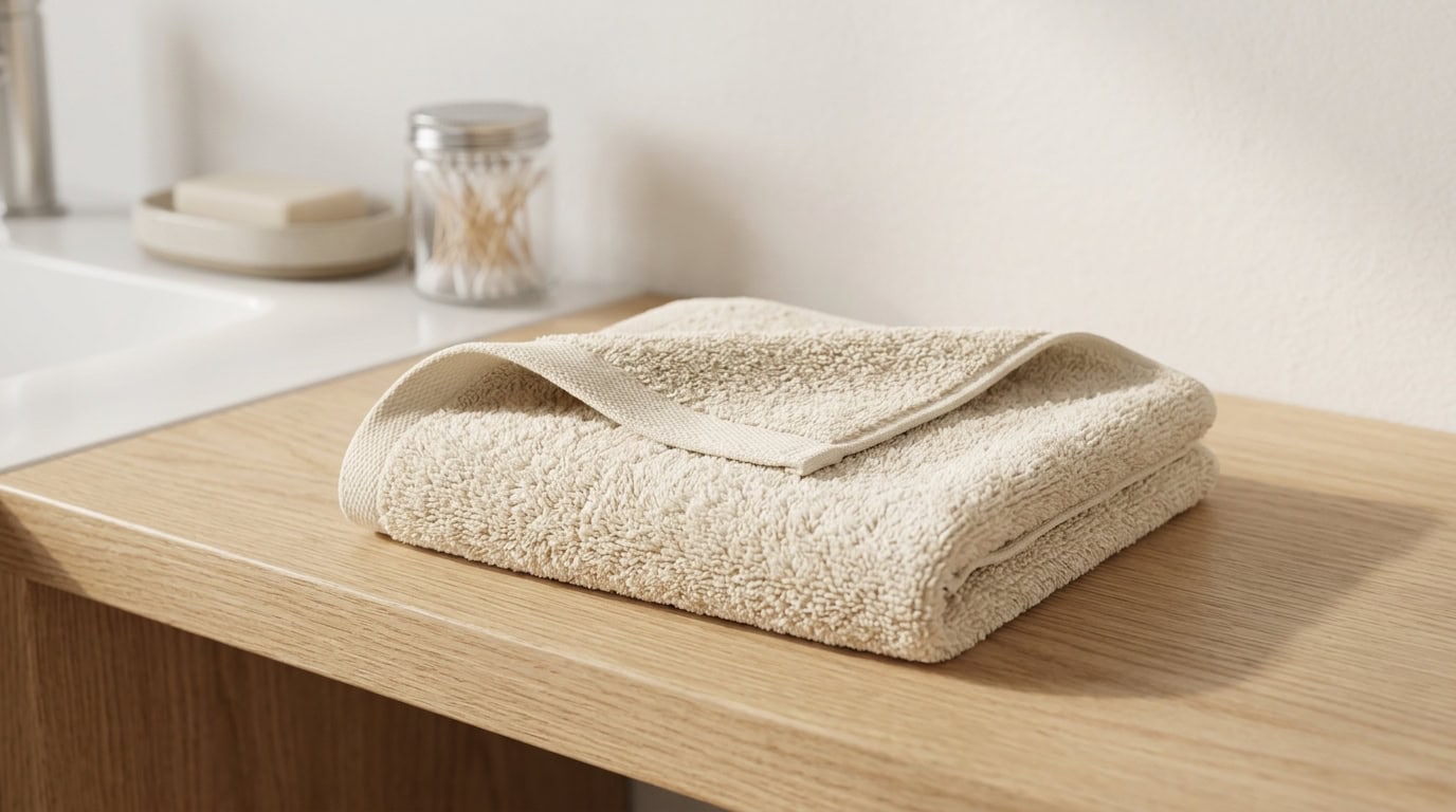 Fresh, folded towels on a wooden bathroom counter for a cozy home feel.
