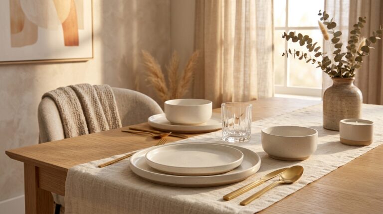 Stylish dining table with plates, glasses, and cutlery in a cozy apartment.