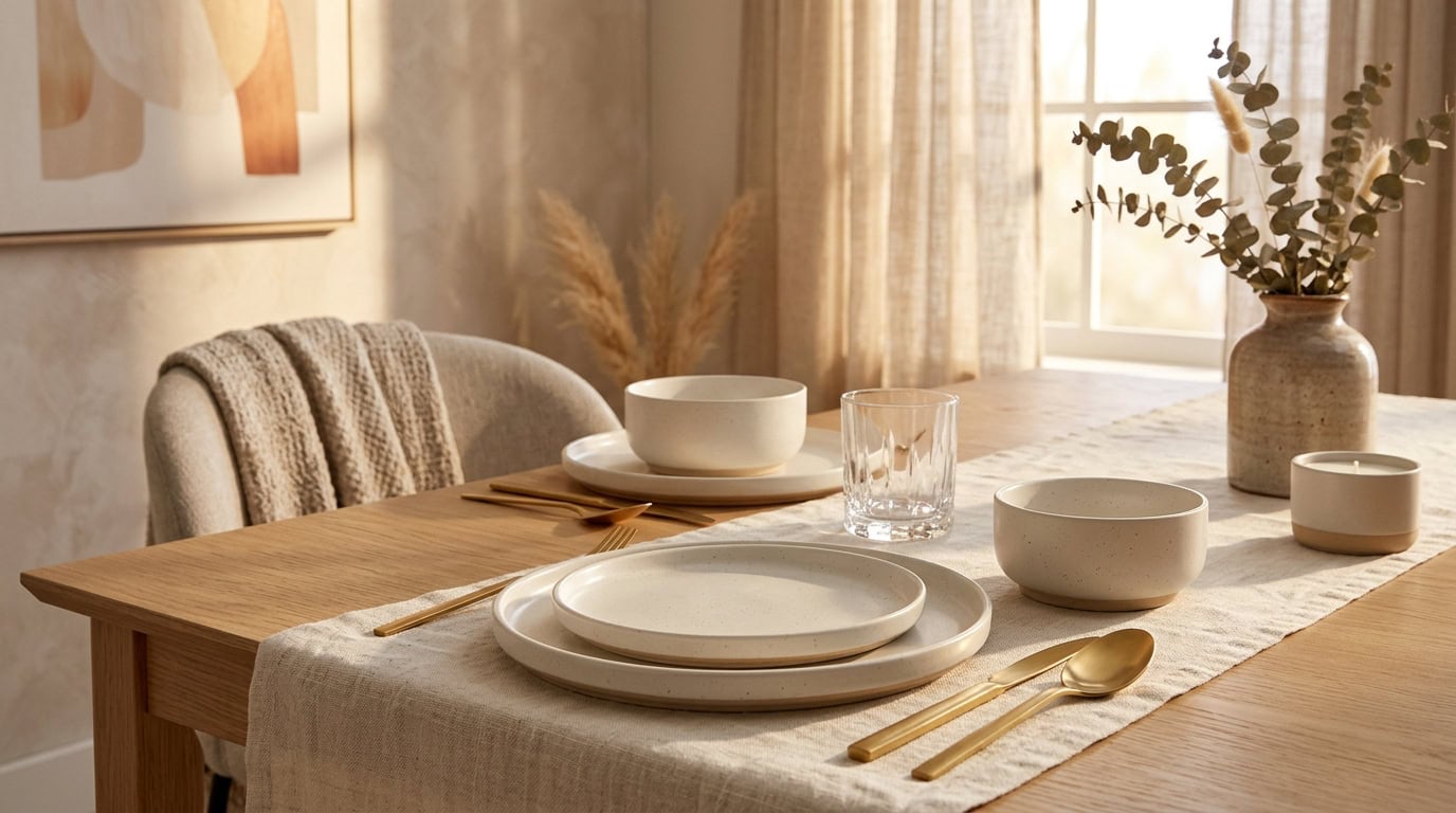 Stylish dining table with plates, glasses, and cutlery in a cozy apartment.