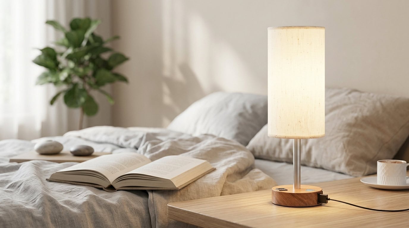 Comfortable bedroom with bed, open book, and bedside lamp for relaxing ambiance.
