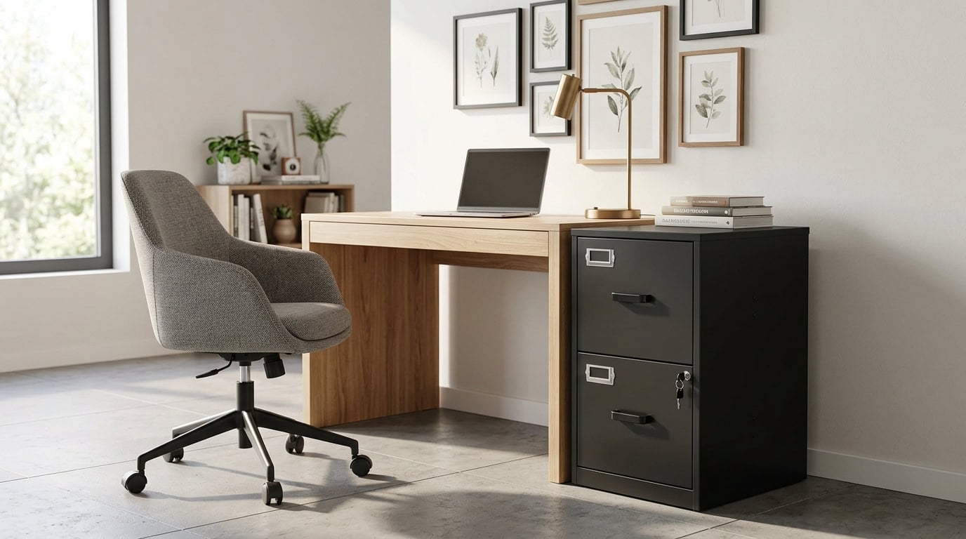 Contemporary home office with desk, chair, and wall art at Apartment ABC.
