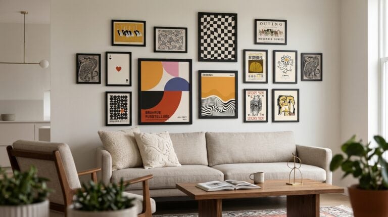 Contemporary living room with beige sofa and colorful gallery wall.