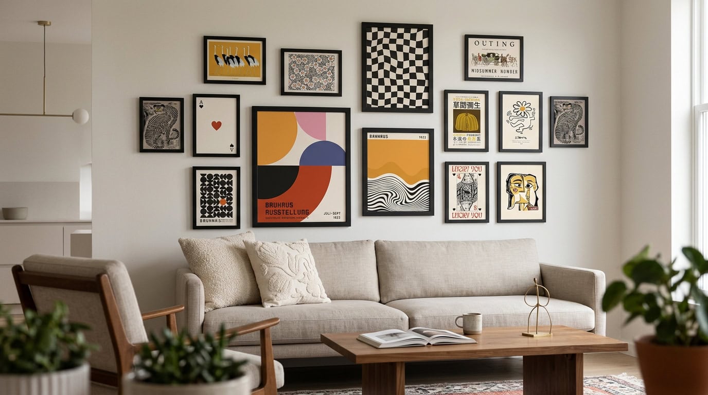 Contemporary living room with beige sofa and colorful gallery wall.