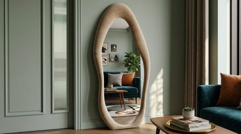 Stylish living room with a large, oval floor mirror and cozy seating area.