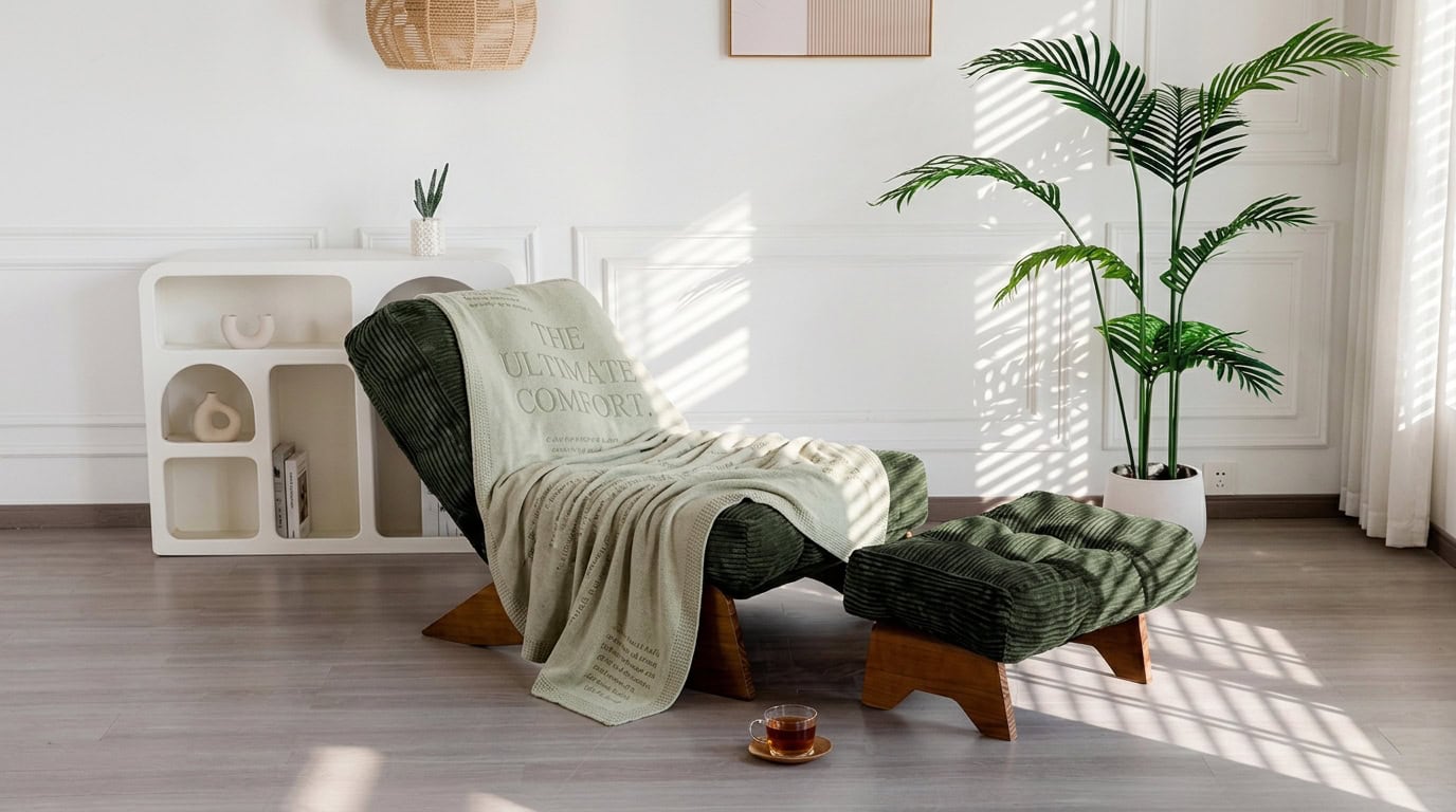 Cozy living room with a black lounge chair, blanket, and large green plant in sunlight.