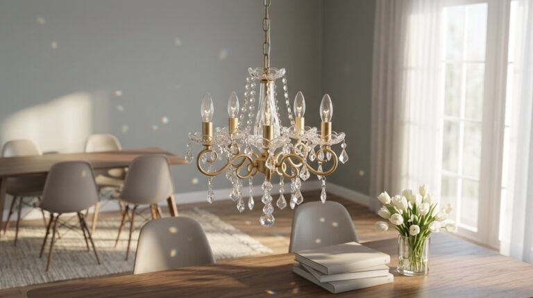 Bright dining room with modern furniture and a crystal chandelier.