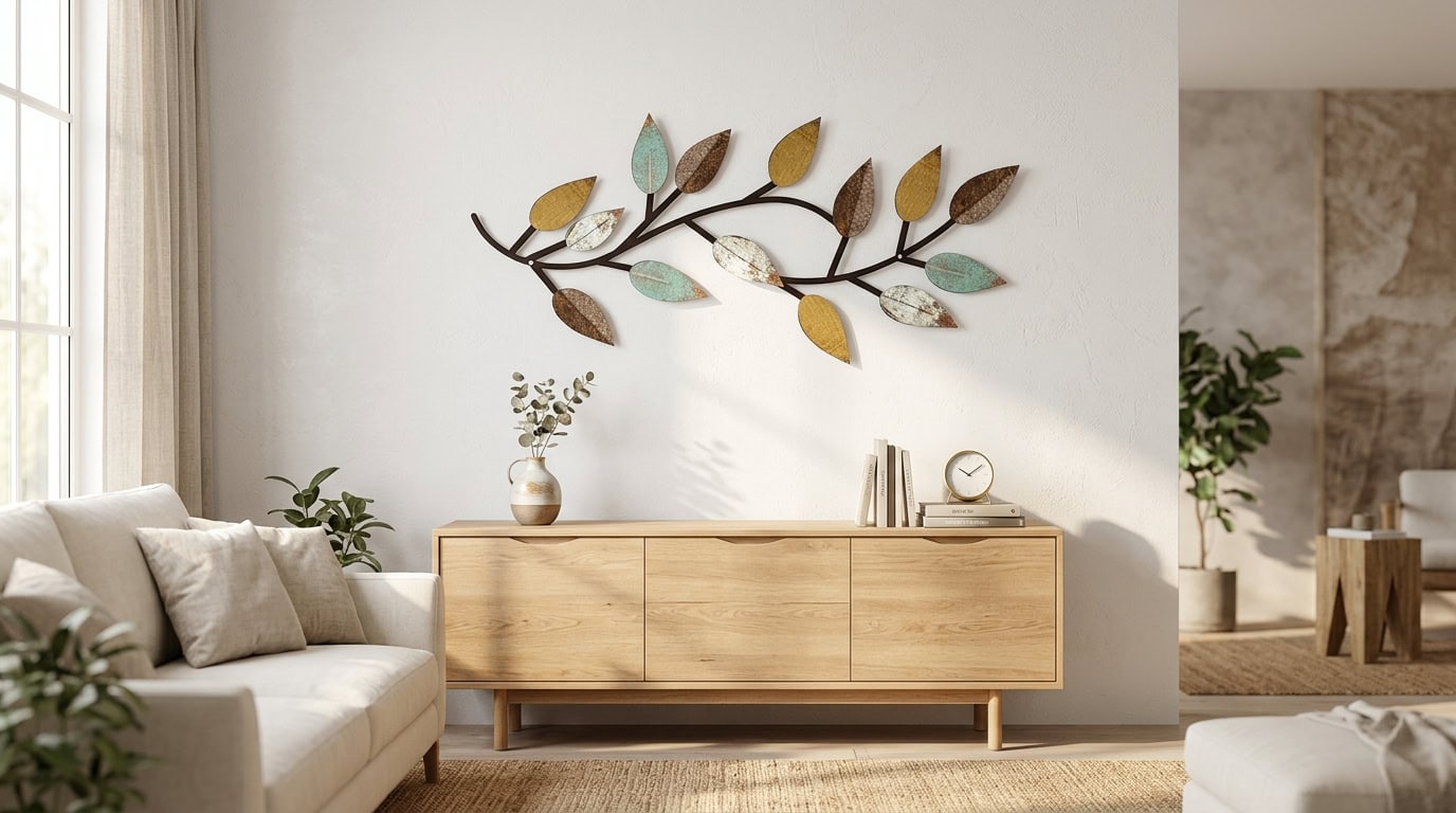 Stylish living room with beige sofa, wooden sideboard, and wall art.