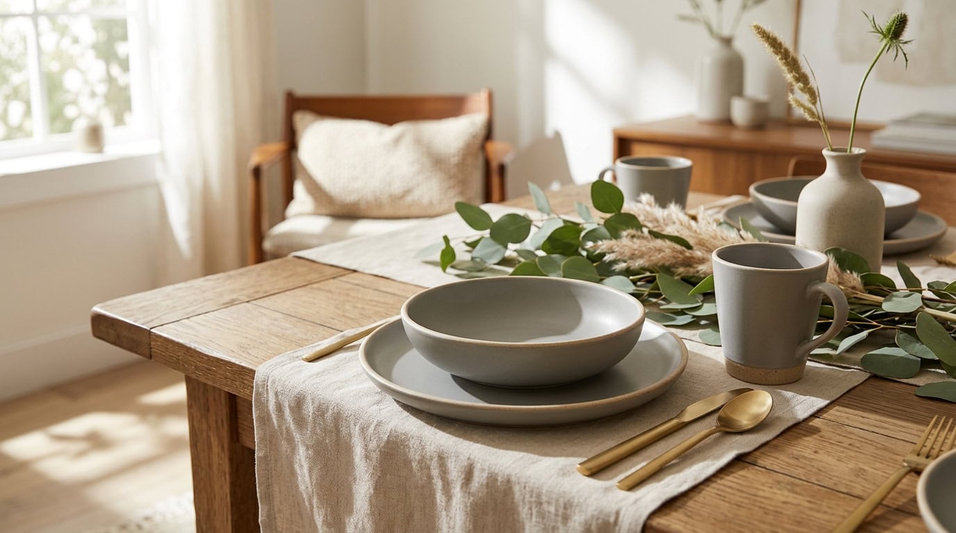 Elegant dining table set with plates, cups, and greenery in a bright apartment.