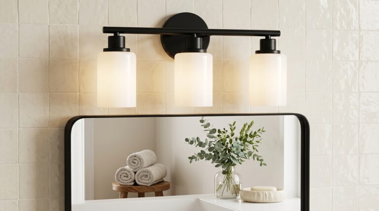 Bathroom mirror with three light fixtures and decorative plants.
