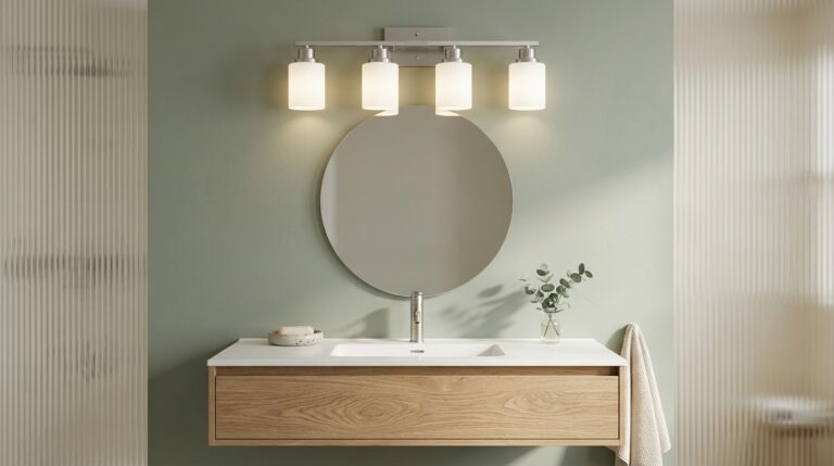Contemporary bathroom with round mirror, wooden vanity, and soft lighting.