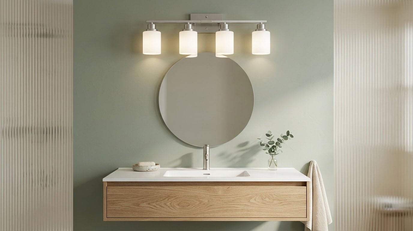 Contemporary bathroom with round mirror, wooden vanity, and soft lighting.
