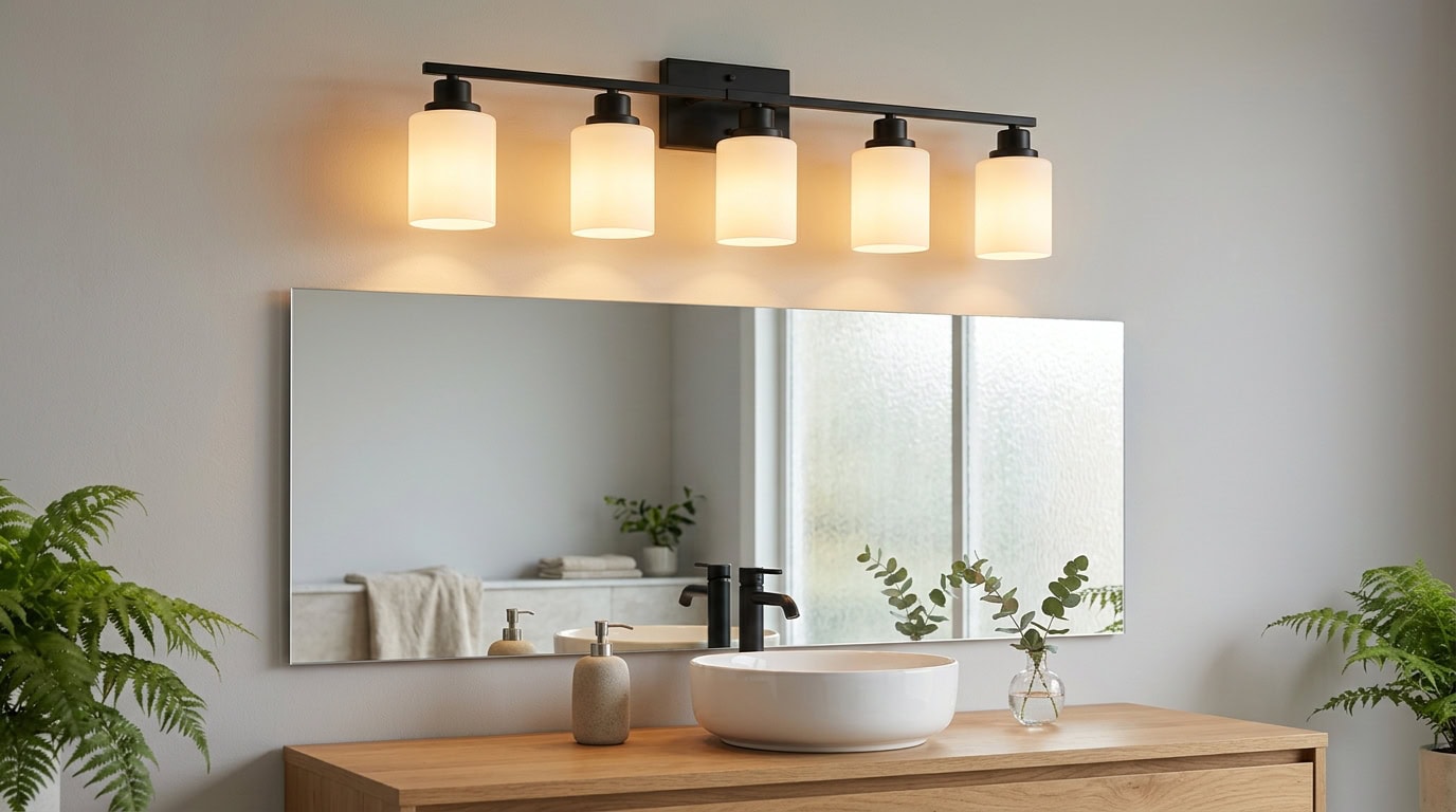 Contemporary bathroom with large mirror, wooden vanity, and stylish lighting fixture.