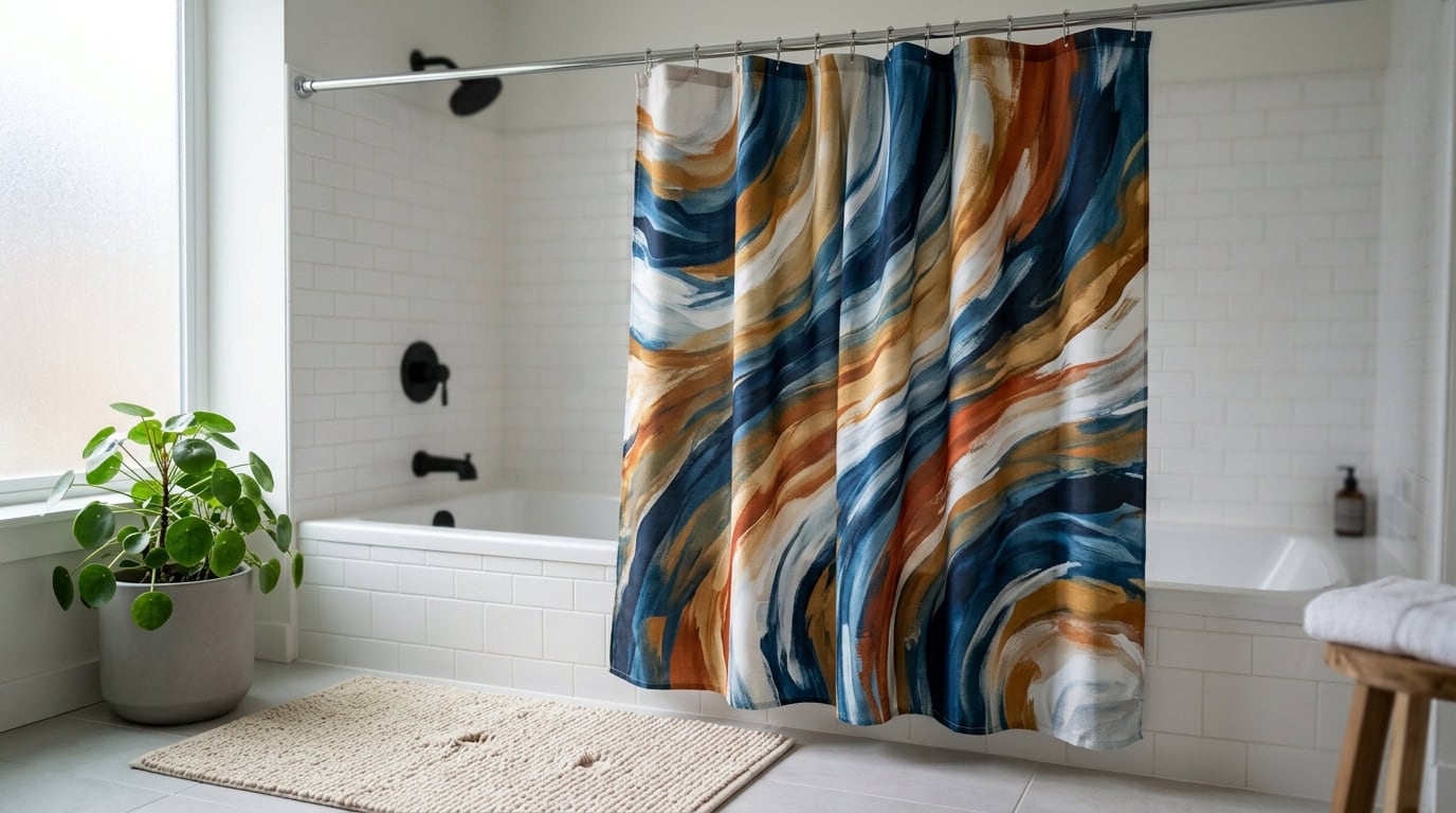Bright bathroom with a vibrant, abstract shower curtain and natural light.