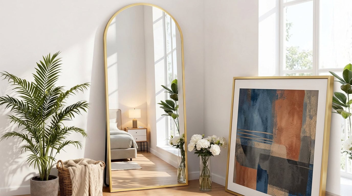 Bright apartment interior with large floor mirror, artwork, and plants.