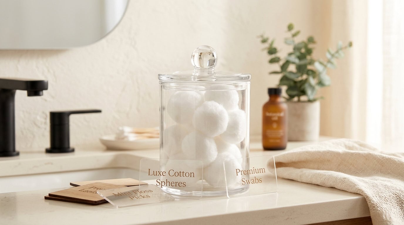 Glass jar with luxury cotton spheres and premium swabs on bathroom counter.