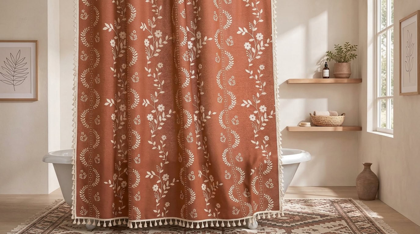 Bathroom with floral patterned curtain, natural light, and minimalist decor.