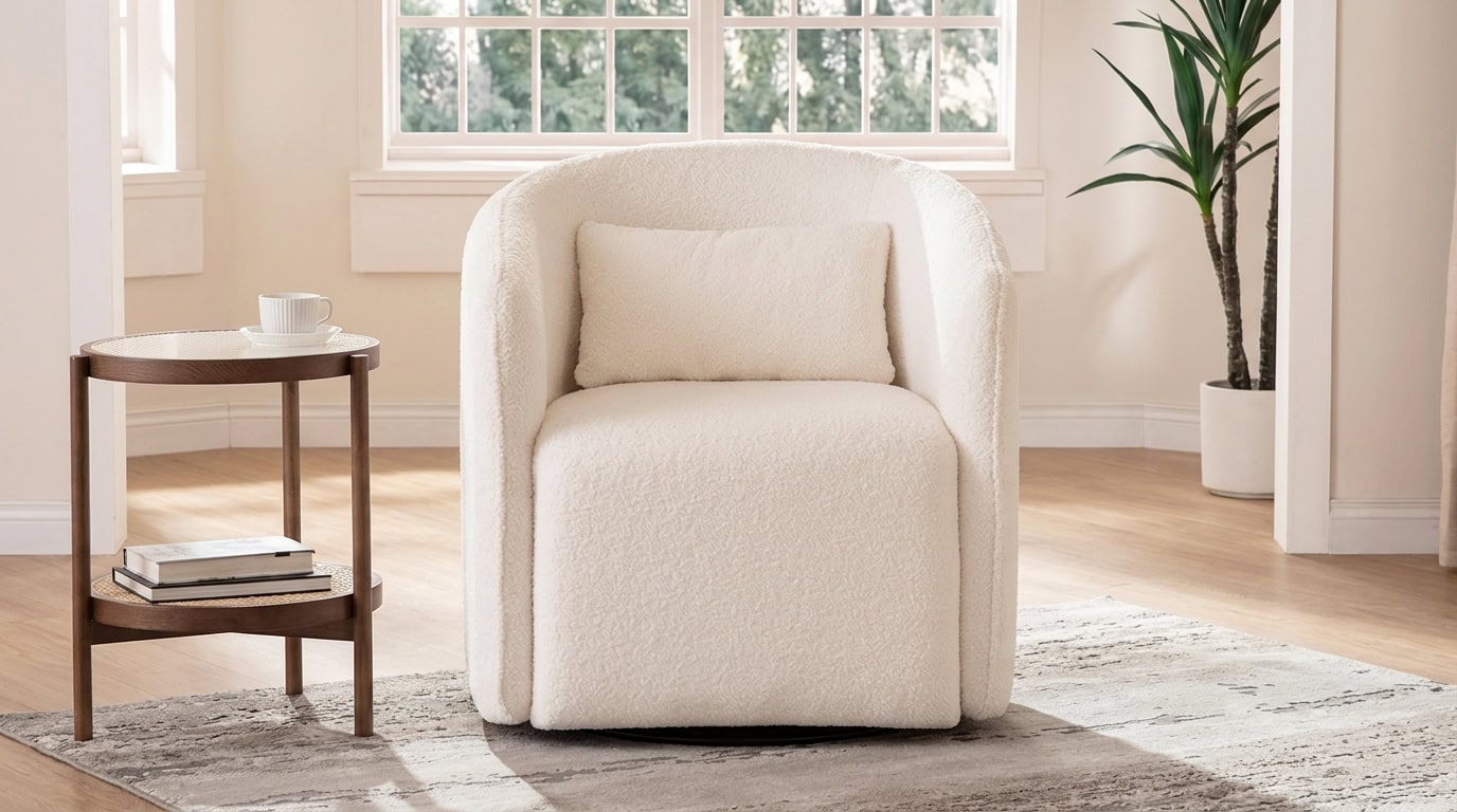 Comfortable white armchair in bright living room with large window and potted plant.