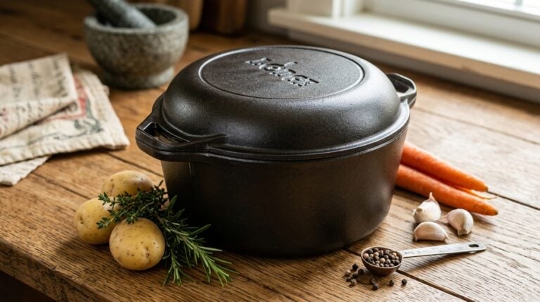 Black cast iron Dutch oven on wooden kitchen counter with vegetables and herbs.