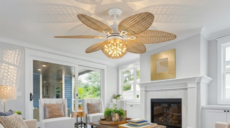 Modern living room with fireplace, ceiling fan, and large windows.