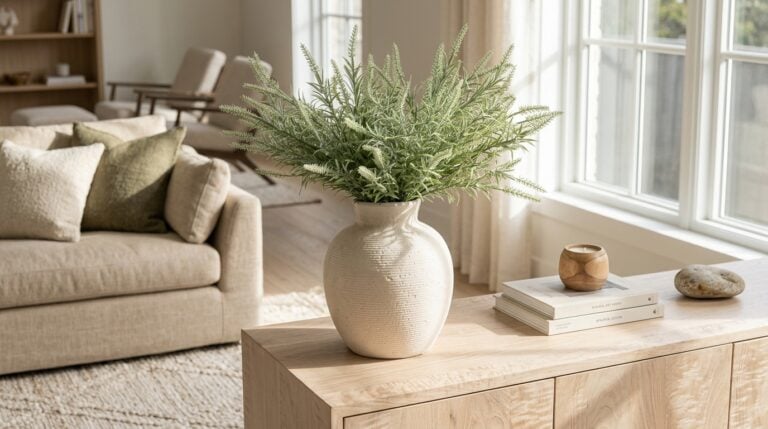 Bright living room with beige sofa, wooden furniture, and large windows.