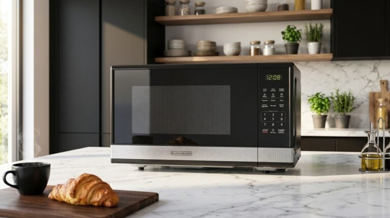 Contemporary microwave oven on marble kitchen countertop with shelves and plants.