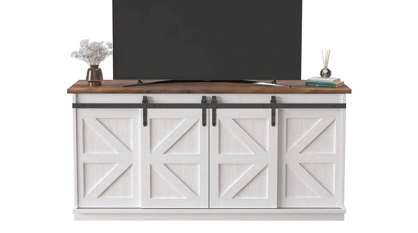White wooden TV stand with barn door sliding doors and rustic accents.