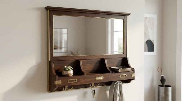 Elegant wooden wall mirror with shelf and hooks for entryway decor.