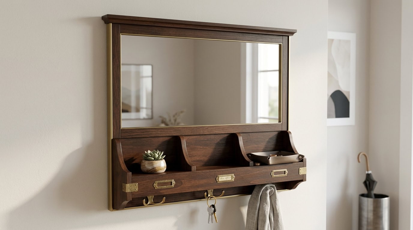 Elegant wooden wall mirror with shelf and hooks for entryway decor.